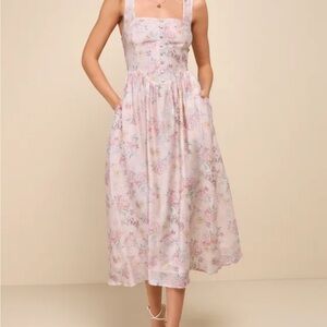 Darling Adoration Blush Pink Floral
Midi Dress With Pockets